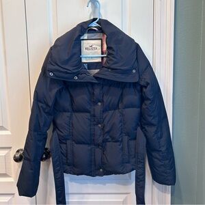 Hollister Y2K Style Navy Blue Quilted Puffer Jacket Plaid Lining Zip/Snap Large